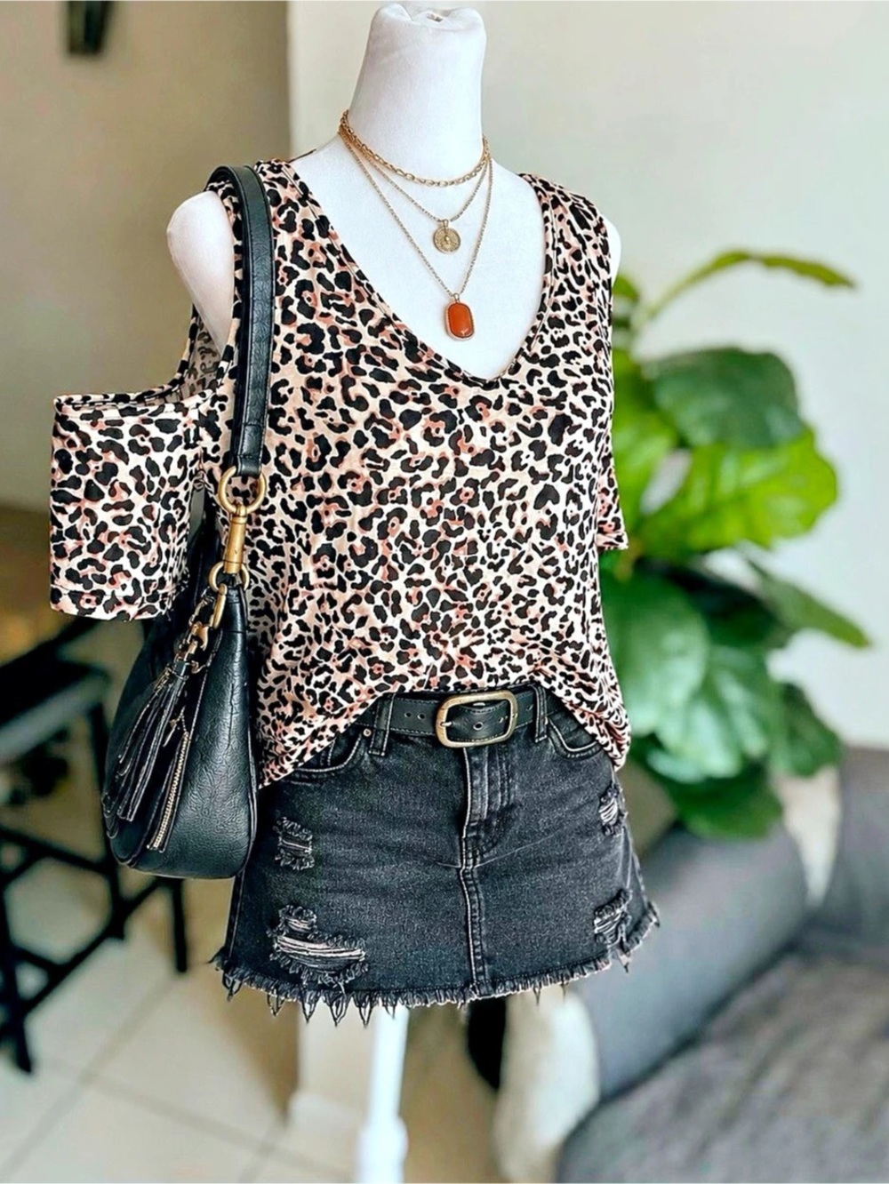 Maurices Size Small Leopard Print Cold Shoulder Strappy Back Tunic Top